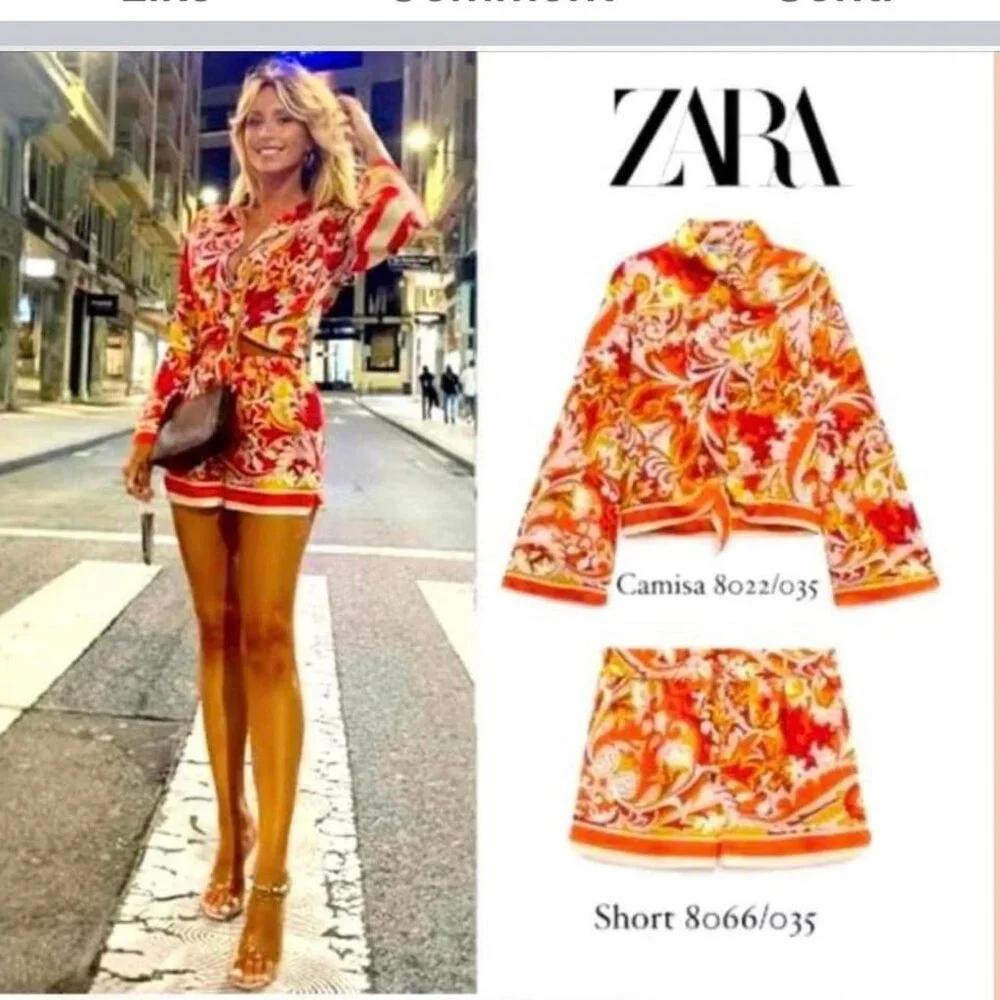 2 Pc Set Zara Knotted Printed Blouse Shorts Matching Set